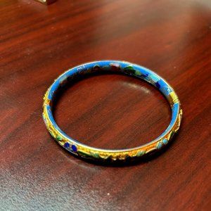 Cloisonne' Gold Tone Raised Flower Hinged Vintage Bangle